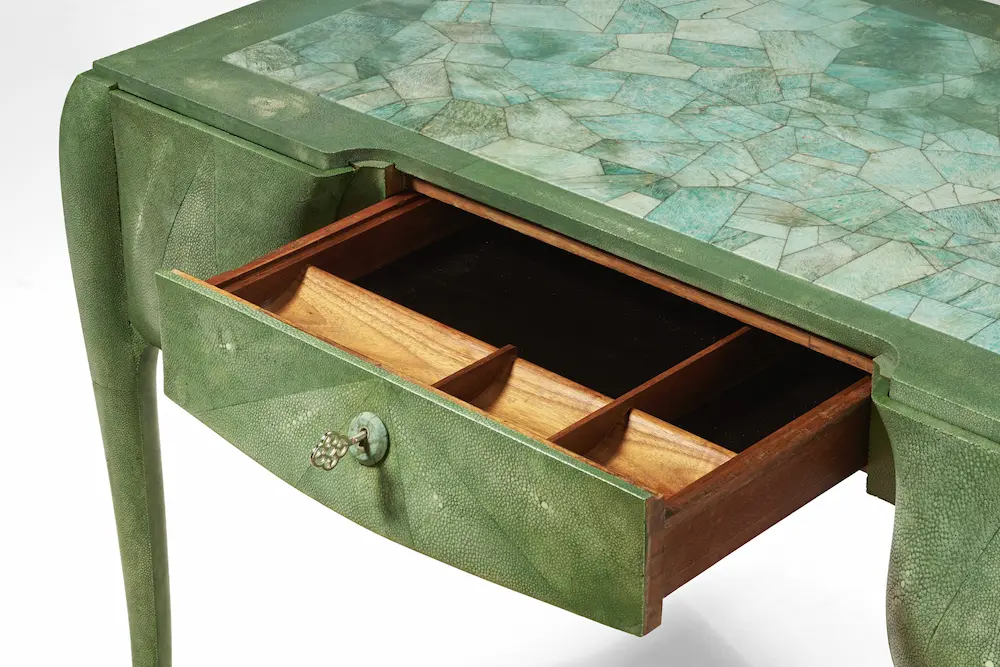 Bespoke art deco desk with shagreen, mahogany, amazonite, polished bronze