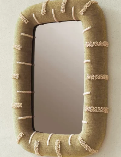 Green mirror with Pierre Frey fabric and ribbons hand embroidered