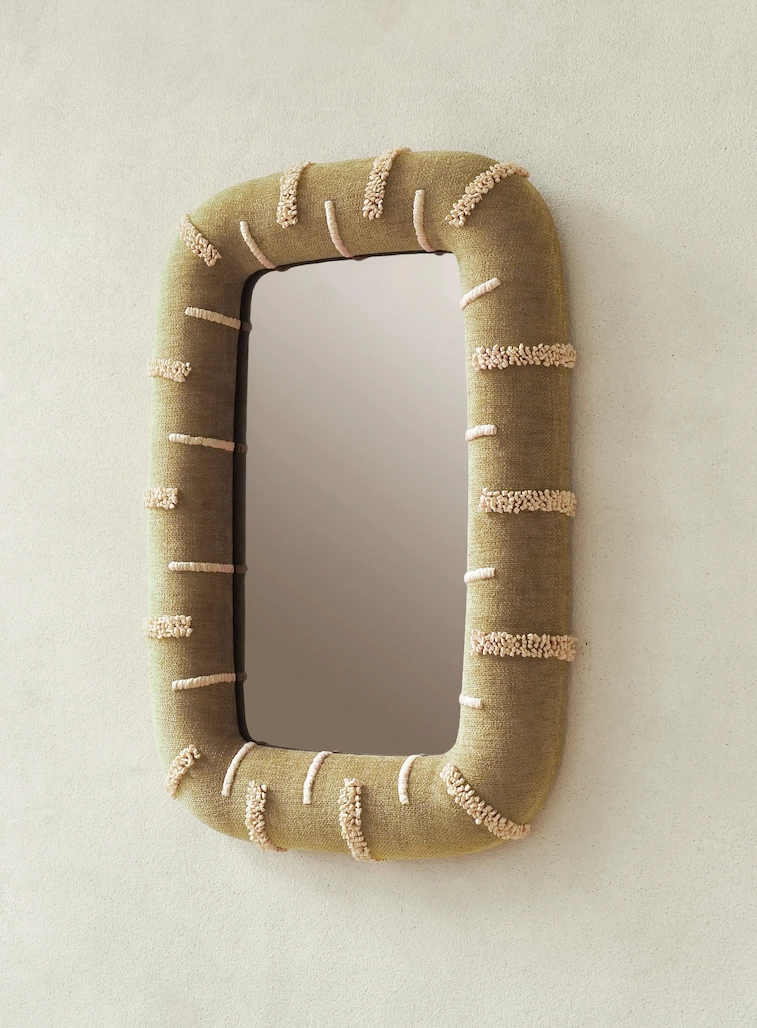 Bespoke collectible mirror with hand embroidery raffia riffons