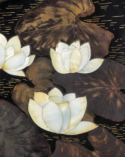 Jean Dunand, detail of lacquered bed with water lilies and fish, 1932. 